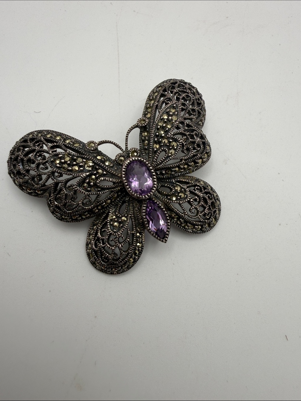 Vintage Judith Jack Marcasite Butterfly Brooch with Amethyst Gemstones